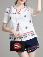 Romwe White Navy Tie Neck Top With Embroidered Shorts