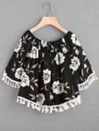 Romwe Contrast Tassel Trim Florals Top