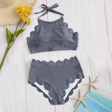 Romwe Scalloped Trim Halter Top With High Waist Bikini