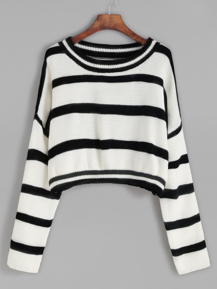 Romwe Drop Shoulder Crop Striped Sweater