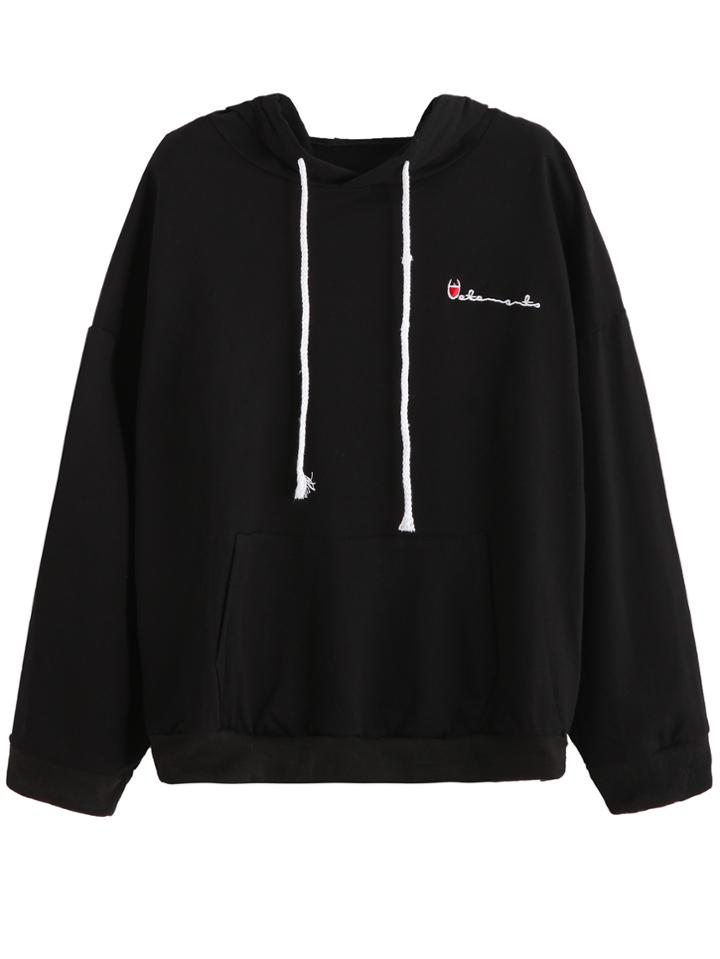 Romwe Black Drop Shoulder Embroidered Drawstring Hooded Sweatshirt