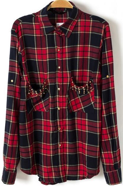 Romwe Red Long Sleeve Plaid Rivet Pockets Blouse