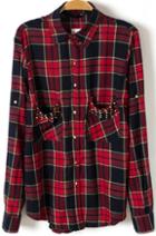 Romwe Red Long Sleeve Plaid Rivet Pockets Blouse
