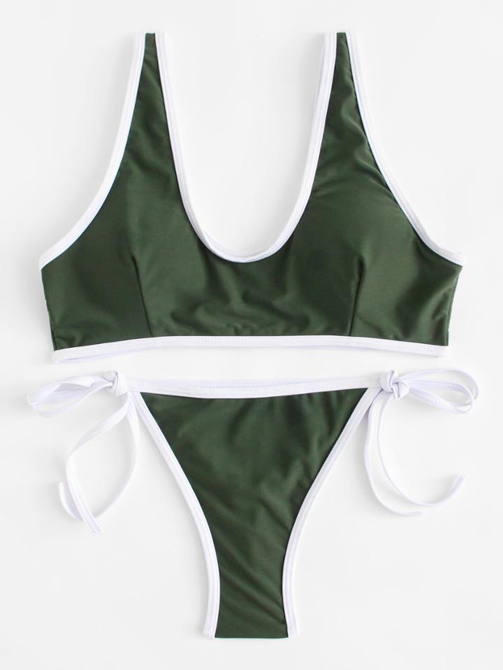 Romwe Contrast Piping Tie Side Bikini Set