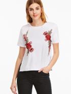 Romwe White Flower Embroidered Side Slit T-shirt