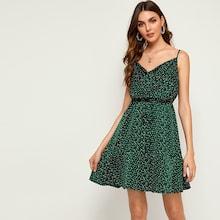 Romwe Polka Dot Print Ruffle Hem Cami Dress