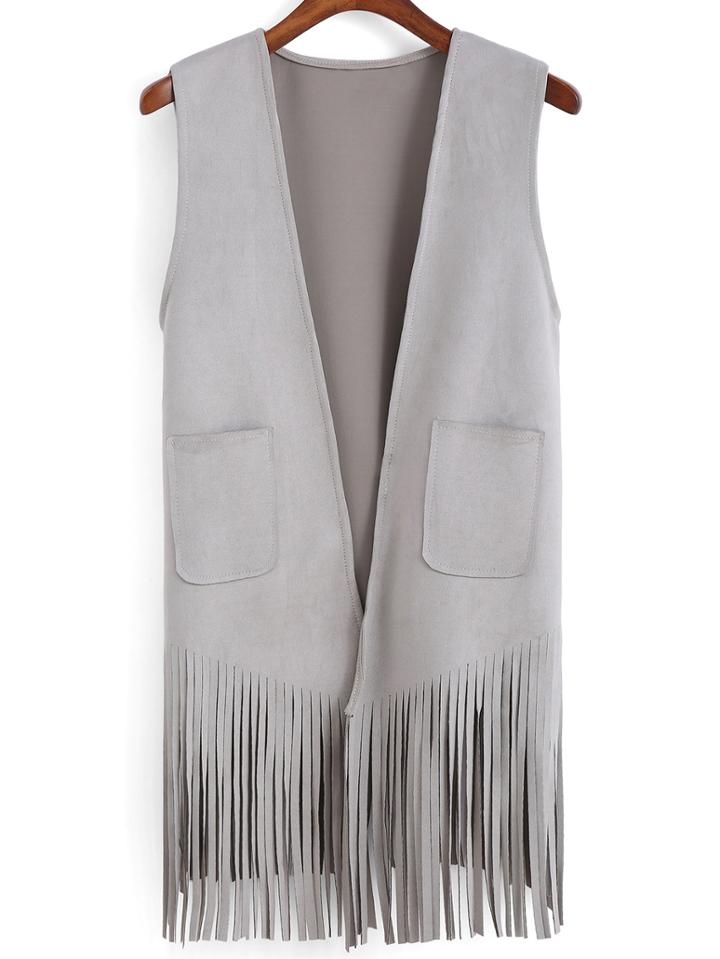 Romwe Tassel Pockets Suede Grey Vest