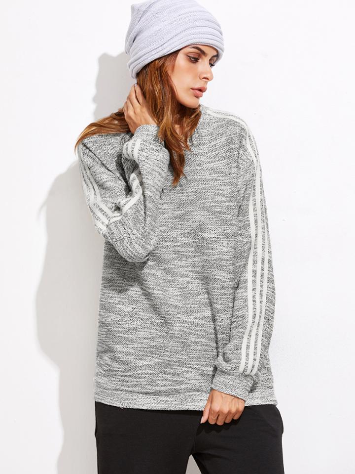 Romwe Grey Marled Knit Striped Sleeve Sweatshirt