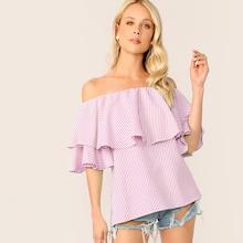 Romwe Off Shoulder Ruffle Trim Striped Top