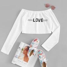 Romwe Letter Print Off The Shoulder Tee