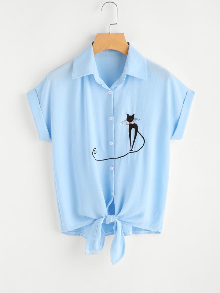 Romwe Cat Embroidery Knotted Hem Cuffed Shirt