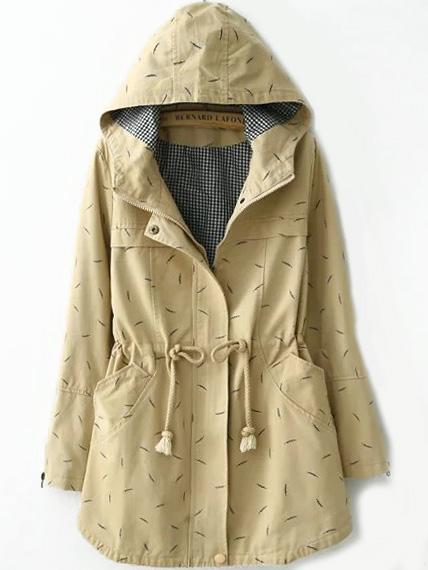 Romwe Hooded Leaves Print Drawstring Khaki Coat