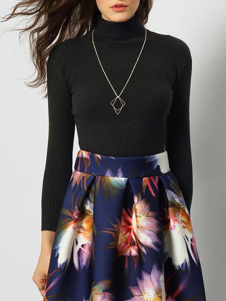 Romwe Black High Neck Long Sleeve Skinny Knitwear