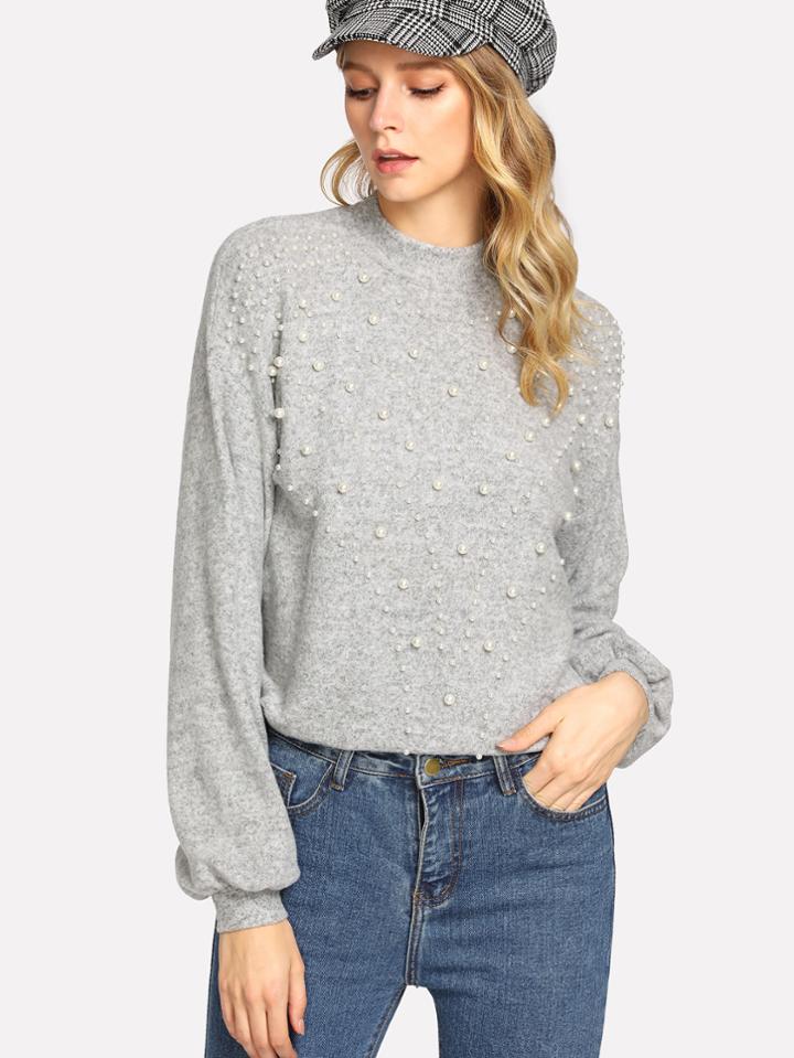 Romwe Mock Neck Pearl Beading Top