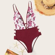 Romwe Random Leaf Print Backless One Piece Swimwear