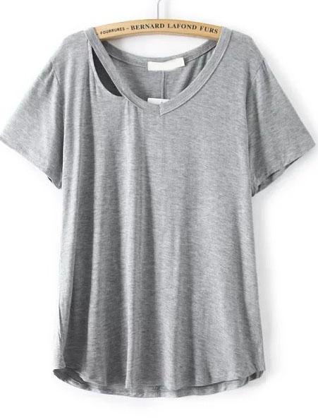 Romwe Grey V Neck Short Sleeve Hollow T-shirt