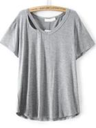 Romwe Grey V Neck Short Sleeve Hollow T-shirt
