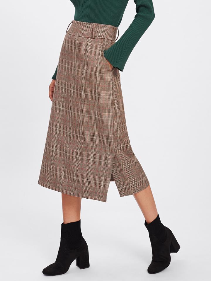 Romwe Wool Blend Plaid Skirt