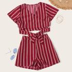 Romwe Tie Front Surplice Striped Blouse With Shorts