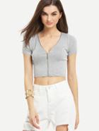 Romwe Zip Front Ribbed Knit Crop Top - Grey