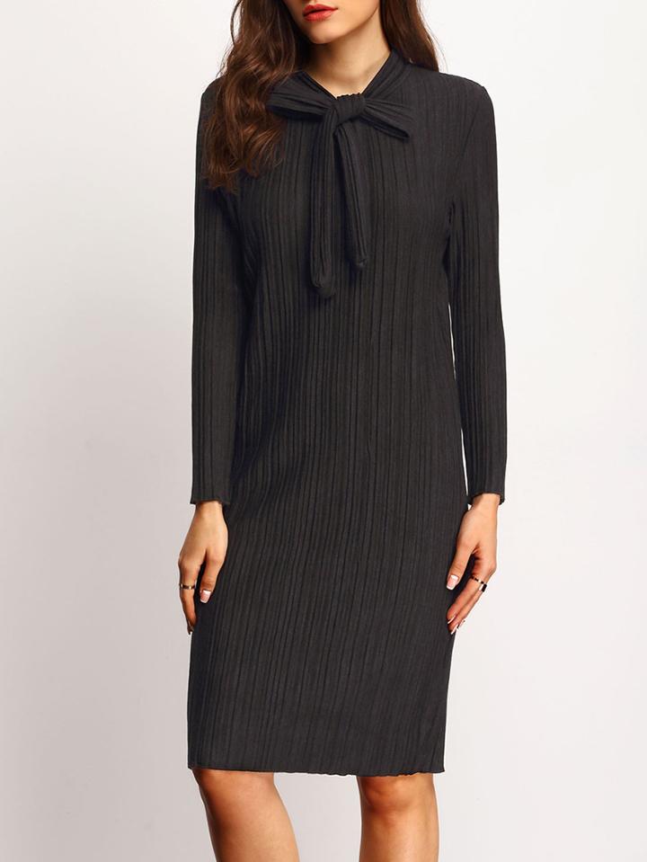 Romwe Bow Collar Pleated Slim Dress