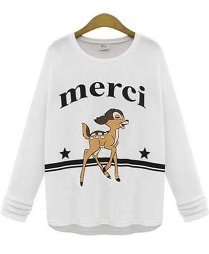 Romwe Deer Merci Print White Sweatshirt