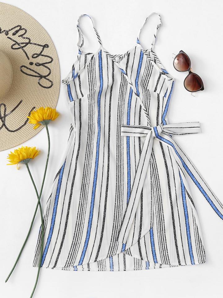 Romwe Knot Side Striped Wrap Cami Dress