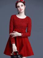 Romwe Red Round Neck Long Sleeve Hollow Crochet Bow Dress