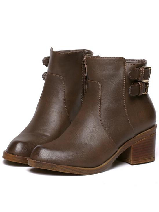 Romwe Brown Buckle Strap Side Zipper Pu Boots