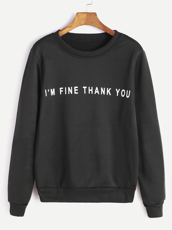 Romwe Black Slogan Print Casual Sweatshirt