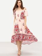 Romwe Off-the-shoulder Flower Print Asymmetric Dress