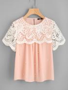 Romwe Guipure Lace Overlap Pearl Beading Top