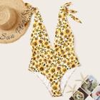 Romwe Plus Sunflower Print Tie Shoulder One Piece Swimwear