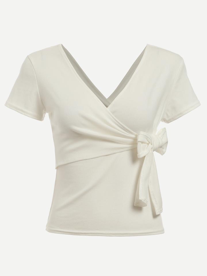 Romwe White Double V Neck Wrap T-shirt