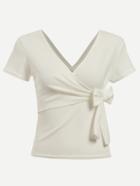Romwe White Double V Neck Wrap T-shirt