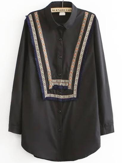 Romwe Tribal Print Fringe Black Blouse