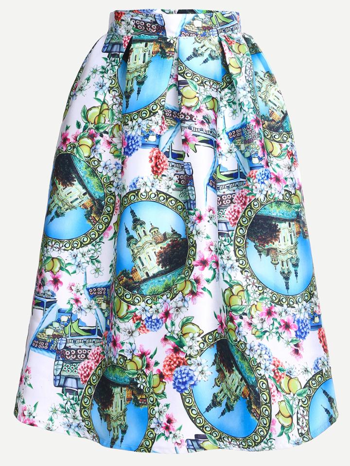 Romwe Castle Print Flare Skirt With Zipper