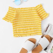 Romwe Frill Trim Striped Shirred Crop Top