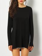 Romwe Black Dip Hem Split Side Casual T-shirt