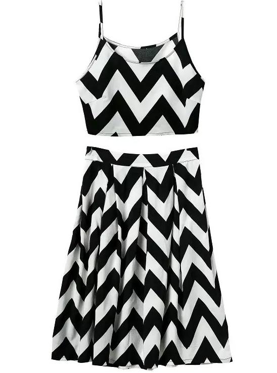 Romwe Spaghetti Strap Zigzag Crop With Pleated Skirt
