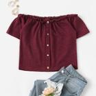 Romwe Frill Neck Button Through Tee