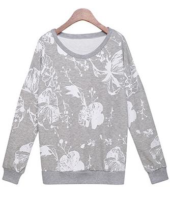 Romwe Floral Print Loose Grey Sweatshirt
