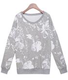 Romwe Floral Print Loose Grey Sweatshirt