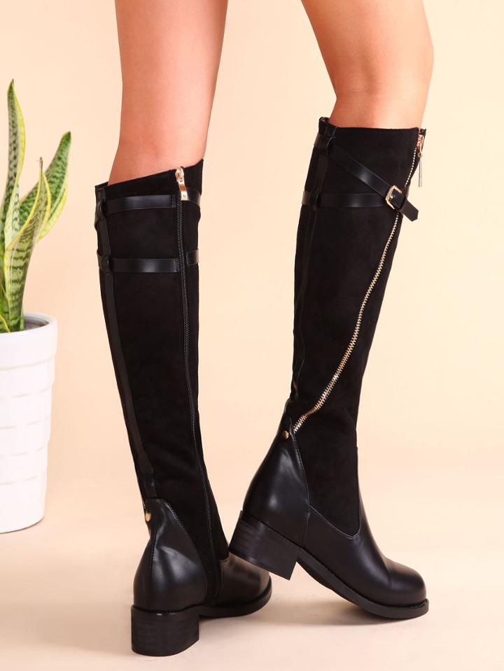 Romwe Black Pu Patchwork Suede Buckled Strap Side Zipper Knee Boots