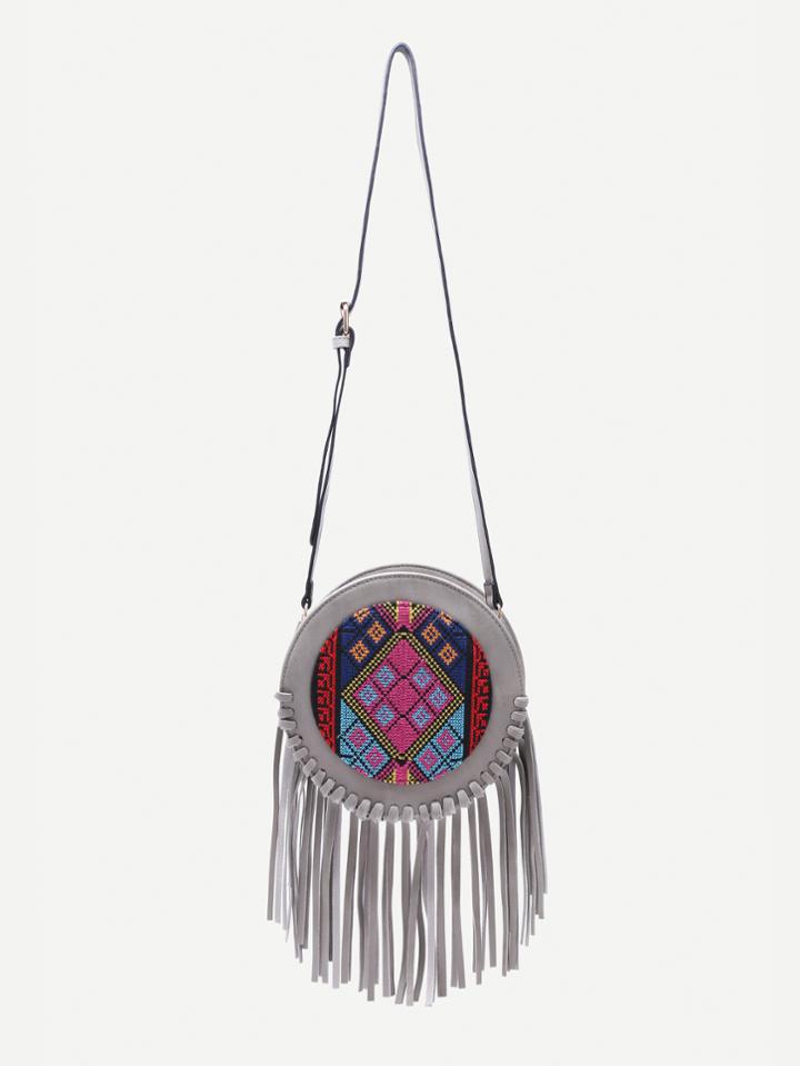 Romwe Grey Tribal Print Round Shaped Fringe Shoulder Bag