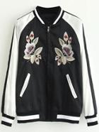 Romwe Black Striped Trim Flower Embroidery Bomber Jacket With Zipper
