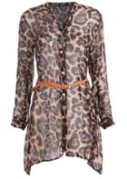 Romwe V Neck Leopard With Belt Chiffon Dress