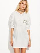 Romwe White Letter Embroidered Drawstring Hooded Sweatshirt Dress