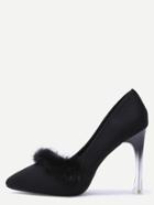 Romwe Black Fur Trim Suede Sheer Heeled Pumps