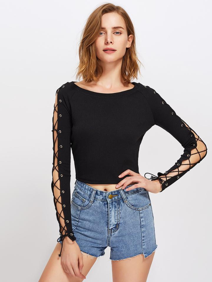 Romwe Eyelet Lace Up Sleeve Tee